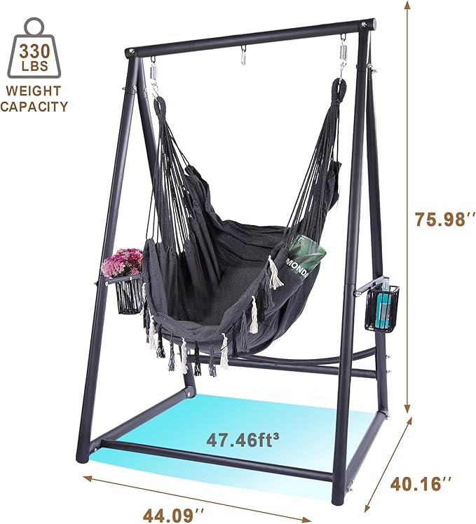Hammock Chair Hanging Rope Swing &amp Stand Set with Two Holders Heavy Duty Hanging Stand with Three Hooks Multi-Use for Indoor Outdoor Patio Yard Garden(Black &amp Black)