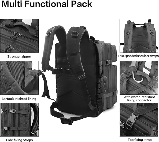45L Military Tactical Backpacks For Men Camping Hiking Trekking Daypack With Removable Water Bottle Pouch Bug Out Bag Lage MOLLE 3 Day Assault Pack - Balck Army Pack