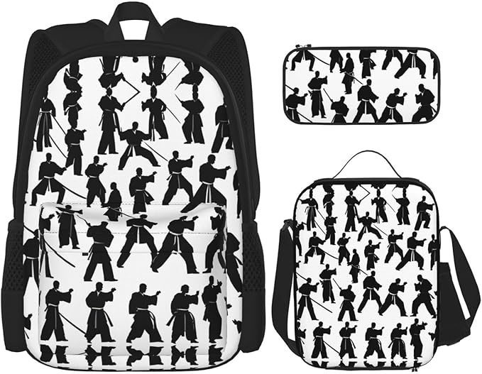 Silhouettes Of Martial Arts Backpack With Lunch Box 3 In 1 Set With Pencil Case Large Capacity Backpack With Chest Strap