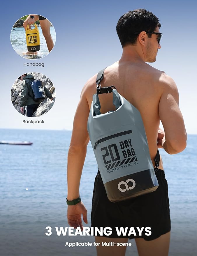 Lamicall 10L &amp 30L Dry Bag Waterproof Backpack - [Zippered Pocket] Roll Top Waterproof Bag Olive Green &amp Blueish Gray