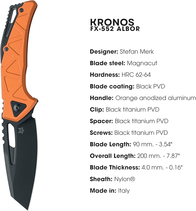 Fox Knives Chronos FX-552 ALBOR Premium Folding Knife 3.54in CPM MagnaCut Steel Blade Reverse Tanto Frame Lock Tip-up Carry EDC Pocket Knife Made in Italy (Orange Anodized Aluminum)