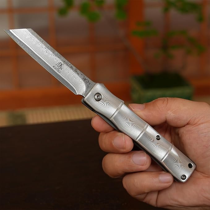 KATSU Handmade Full Damascus Pocket Knife3 Damascus Blade Bamboo Style Men Women Folding Knife with Clip Linner Lock Japanese Razor Work Knife with Leather Sheath Camping Hiking