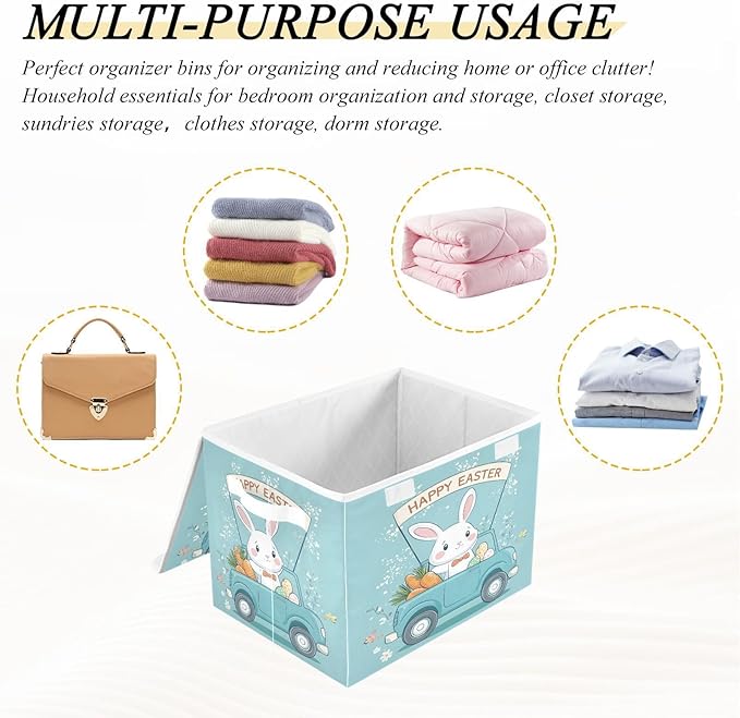 Christmas Storage Baskets with Lids Cartoon Easter Bunny Collapsible Bins Stackable Fabric Linen Baskets Closet Organizer Container 16.5x12.6x11.8