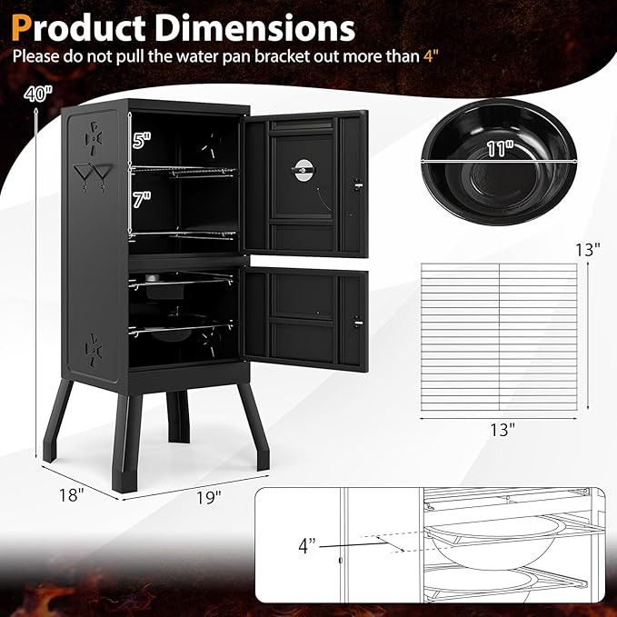 Charcoal Smoker Outdoor Vertical BBQ Smoker with Thermostat 2 Access Doors 2 Cooking Grates 2 Removable Pans &amp 4 Air Vents Meat Smokers Grill for Parties Barbecues and Backyard