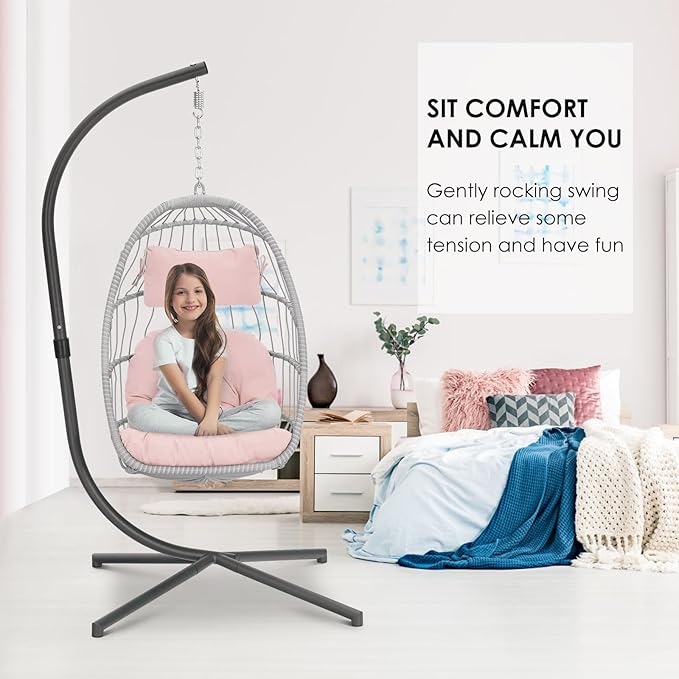 Brafab Pink Egg Chair with Stand Indoor Outdoor Swing Egg Chair Patio Wicker Hanging Chair with Stand Hammock Egg Chairs with UV Resistant Cushion and Aluminum Steel Frame for Bedroom Balcony Garden