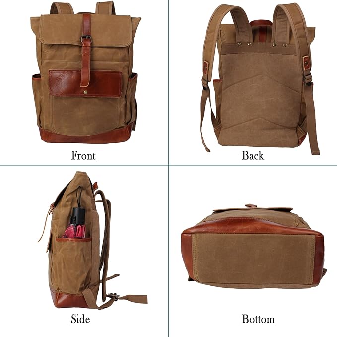 Heavy-Duty Wax Canvas with Top Layer Cowhide Retro Backpack Suitable for Men and Women'S Leisure/Hiking/Traveling/College Canvas Backpack(8431-Khaki)