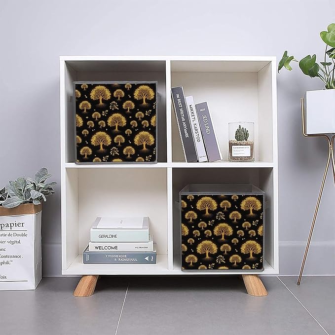 Collapsible Storage Bins with Handles Gold Black Tree Life Celtic Art Foldable Cube Organizer Box for Closet Shelf Toy Storage Space-Saving Home &amp Office Decor