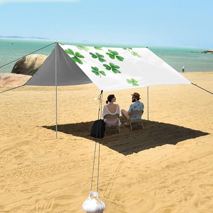 ALAZA St. Patrick's Day Green Clover Leaves on White Beach Tent Sun Shelter Portable Canopy Sunshade for Outdoor Camping Picnics Backyard Fun 10x9 ft