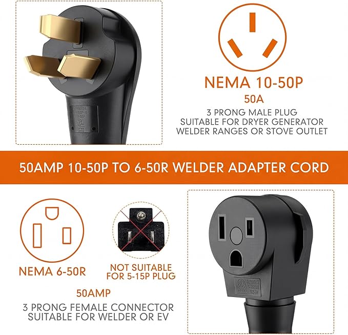 Kanayu 10-50P to 6-50R 50amp Welder Adapter Cord Compatible with NEMA 3 Prong Range Stove Oven to Welder Plasma Cutter Adapter with Ergonomic Handle Heavy Duty STW 8 AWG*3C 1ft ETL Listed