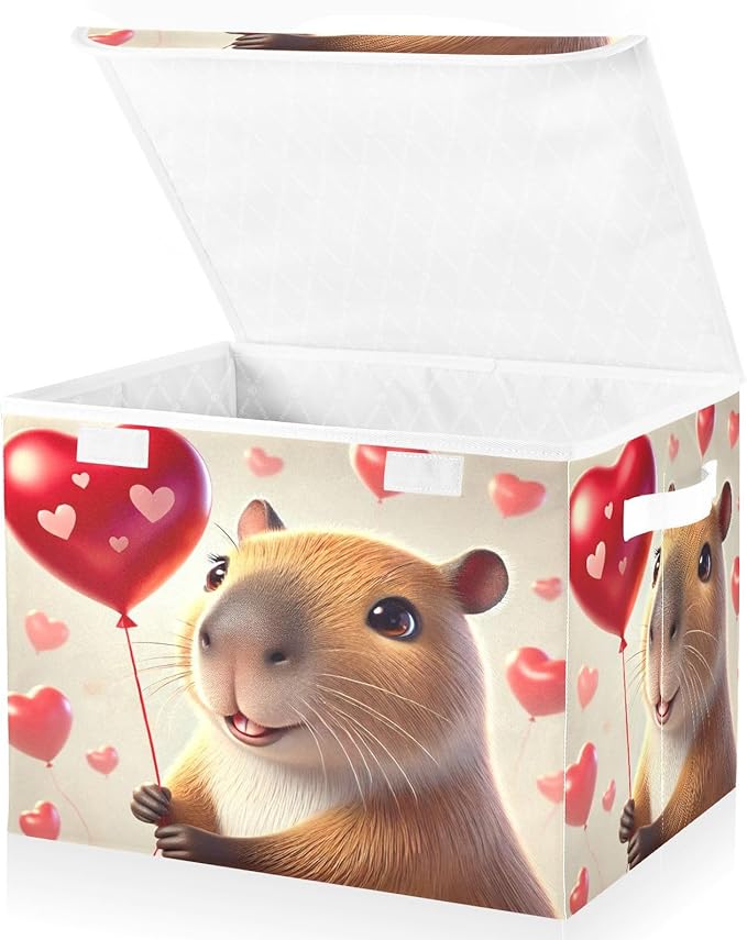 Capybara Valentines Balloon Heart Storage Bin Box with Lids Closet Storage Cube Large Foldable Organizer Container Fabric with Handles for Bedroom Clothes
