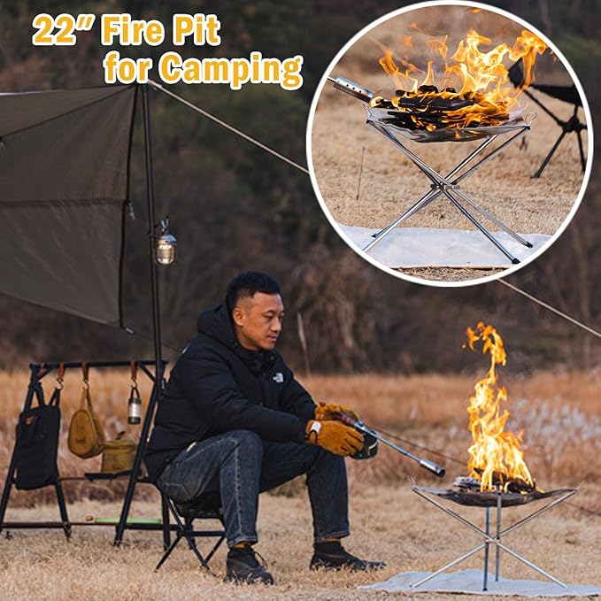 22 Inch Portable Outdoor Fire Pit with Carrying BagFoldable Stainless Steel Mesh Fireplace Wood Burning Collapsible Fireplace for Camping Outdoor Hiking BBQ Picnic
