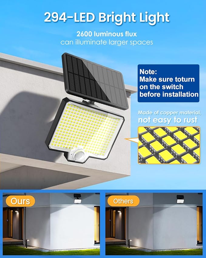 AUDERWIN 294 LED Split Solar Motion Sensor Outdoor Lights 2600Lm Solar Flood Lights IP67 Waterproof Outside Solar Powered Security Spot Lights for Porch Patio Yard Garage Fence Garden 2 Pack Black