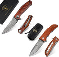 AUBEY Damascus Folding Knife with Wooden Handle