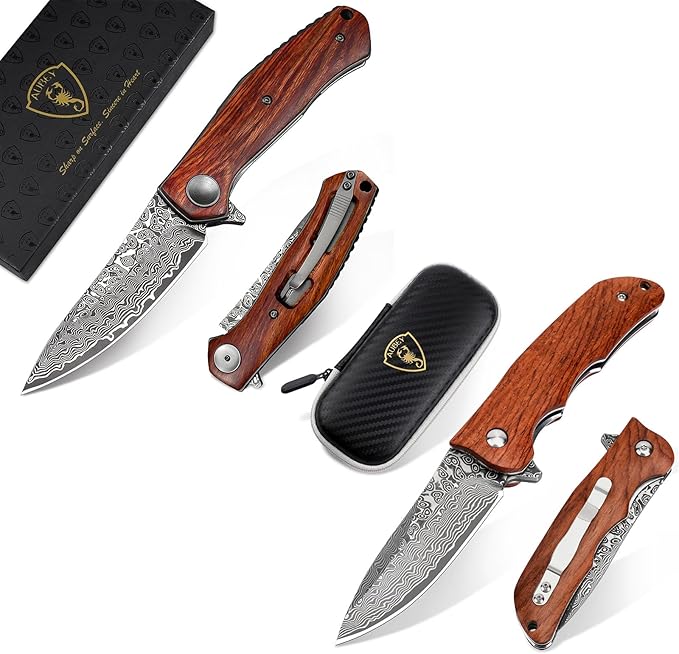 AUBEY Damascus Folding Knife with Wooden Handle