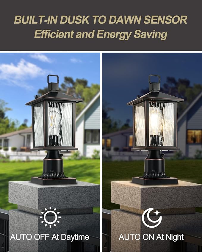 Dusk to Dawn Outdoor Post Light Hardwired Oil-Rubbed Bronze Pole Lantern with Pier Mount Base Water Ripple Glass 17'' Waterproof Lamp Post Light Fixture for Driveway Pathway Yard