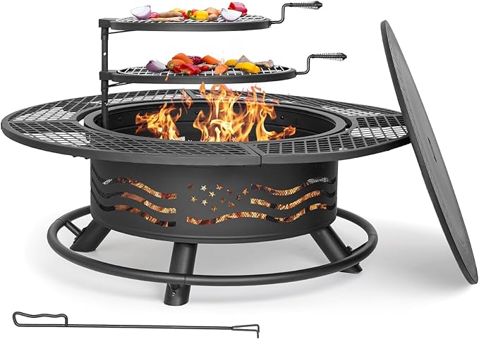 Panovue 47 Inch Fire Pit with 2 Cooking Grates Outdoor Wood Burning BBQ Grill Firepit Bowl with Cover Lid Steel Round Table for Backyard Bonfire Patio Picnic (Black 47IN)