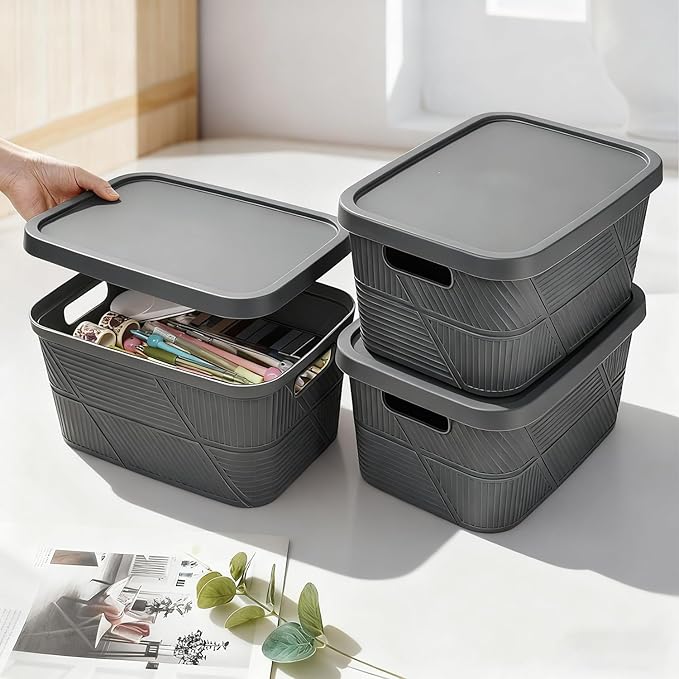 Plastic Storage Box with Lid 3 Pack Stackable Storage Bins Container for Organizing Portable Plastic Containers for Craft Crayon 11.2x8.3x5.9inch