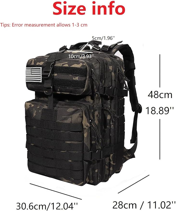 50L Sturdy Nylon Waterproof Fishing Hunting Backpack Outdoor Military Rucksacks Tactical Sports Camping Hiking (Camo black)