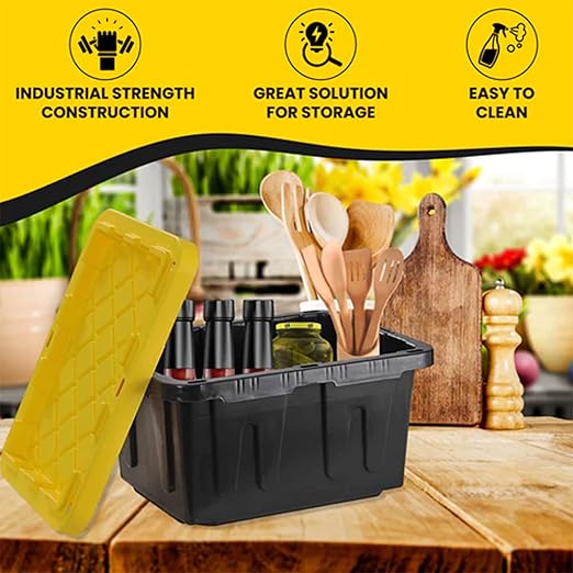 Juggernaut Storage 4 Pack Plastic Tote with Lid for Organization 5 Gallon Black/Yellow