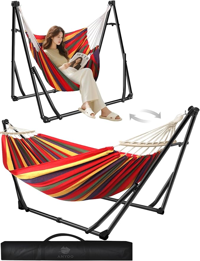 Anyoo 2 in 1 Hammock and Swinging Chair with Collapsible Steel Stand &amp Carrying CasePortable &amp AdjustableEasy Set Up for OutdoorIndoorPorch SwingPatioGardenCamping Trip