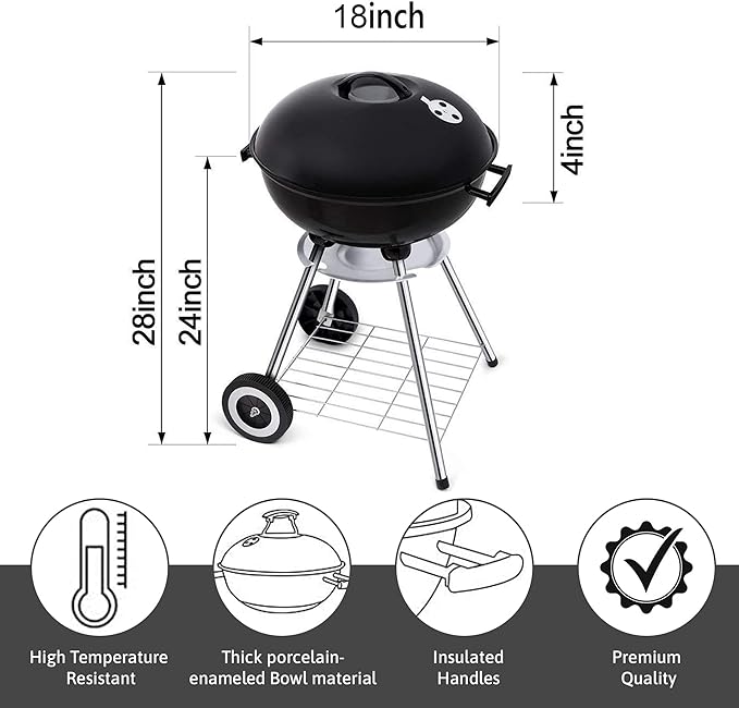 18 Inch Portable Charcoal Grill – Heavy-Duty Round BBQ Grill with Thickened Grilling Bowl Sturdy with 4 Legs &amp Wheels for Small Outdoor Barbecue Camping Travel Tailgating &amp Backyard Cookin