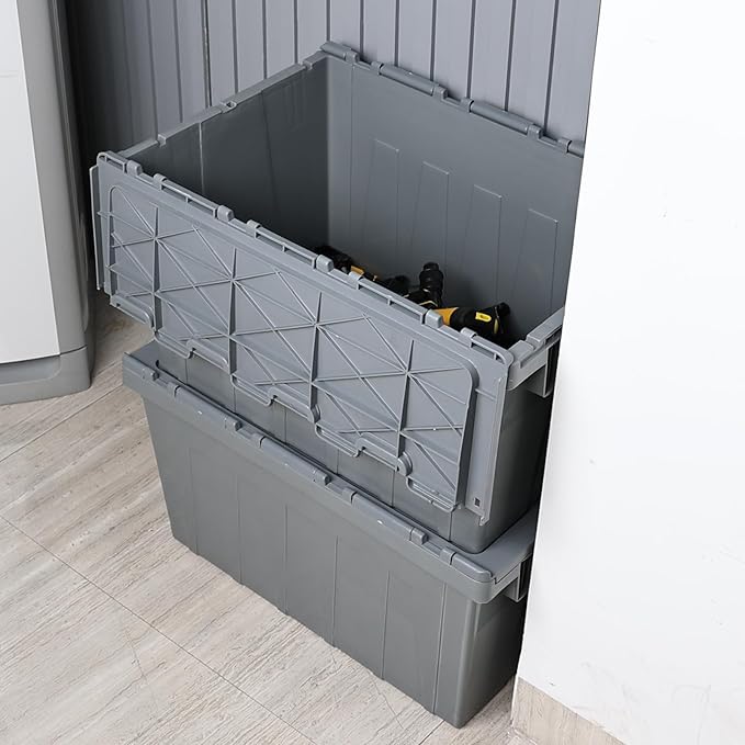 15 Gallon Industrial Lockable Plastic Storage Tote with Hinged Attached Lid Commercial Flip Top Tote Storage Container Bin Tote for Transport and Warehouse Heavy Duty Gray 4 Packs
