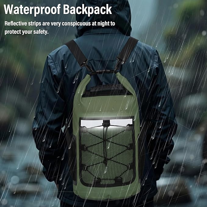 Pimoys Dry Bag 25L Waterproof Backpack Roll-Top Dry Bags Kayak Outdoor Travel Bag for Boating Kayaking Camping Fishing Hiking Rafting(Forest Green