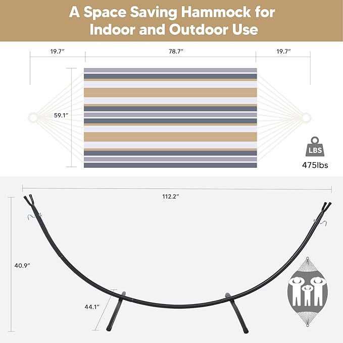 SUNCREAT 2 Person Hammock with Stand Heavy Duty Free Standing Hammock with Stand Included Coffee Stripes