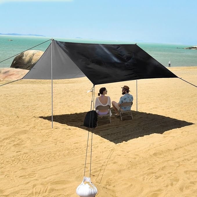 Devil Eyes Black Beach Tent Sun Shelter Set UPF50+ UV Protection 10.5 x 9.19 FT Camping Shade Canopy with Sandbags Sand Anchors Carrying Bag and Others