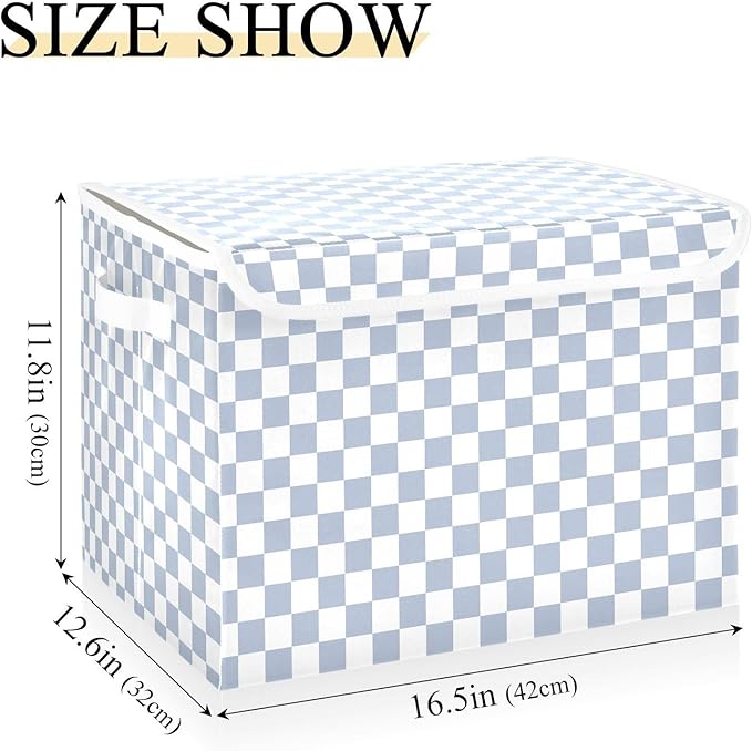 Light Blue White Checkerboard Storage Baskets Lidded Bin Foldable Storage Boxes Cubes Lids with 2 Handles for Organizing Closet Home Office