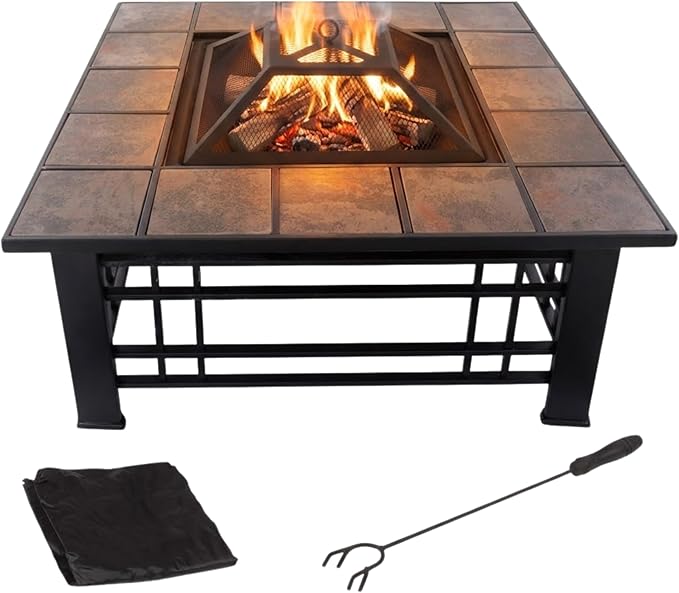 Fire Pit Set Wood Burning Pit - Includes Spark Screen and Log Poker - Great for Outdoor and Patio 32” Square Tile Firepit by Pure Garden