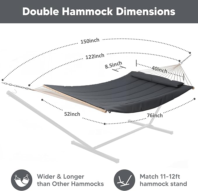 SUNCREAT Hammocks for Outside Two Person Hammock for Patio Garden Porch Outdoor Dark Grey