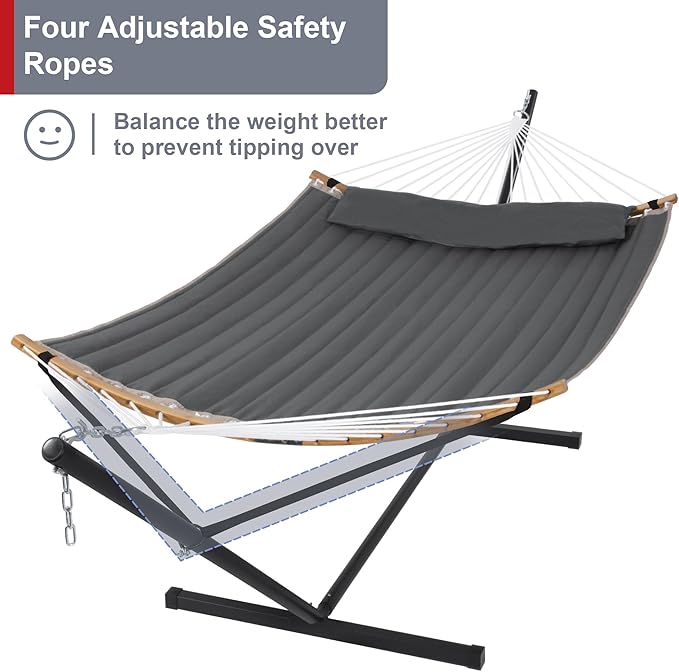 55in Hammock with Stand Heavy Duty Hammock with Stand Included Two Person Hammock with Curved Spreader Bar Pillow and Portable Bag 450 Lbs Capacity Dark Gray
