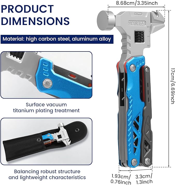 18-in-1 Multipurpose Tool Kit Survival Camping Gear &amp Fishing Gifts Multitool with Hammer Pliers Screwdriver and Pocket Knife for Dad Men(Blue)