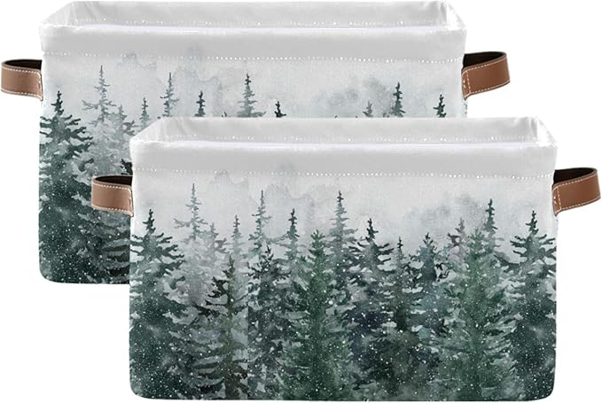 Winter Pine Forest Tree Storage Basket with Waterproof Liner and PU Handles Christmas Snow Scene Storage Bins Boxes 14.2 Collapsible Decorative Organizer Baskets for Bedroom Closet Office 2 Pack