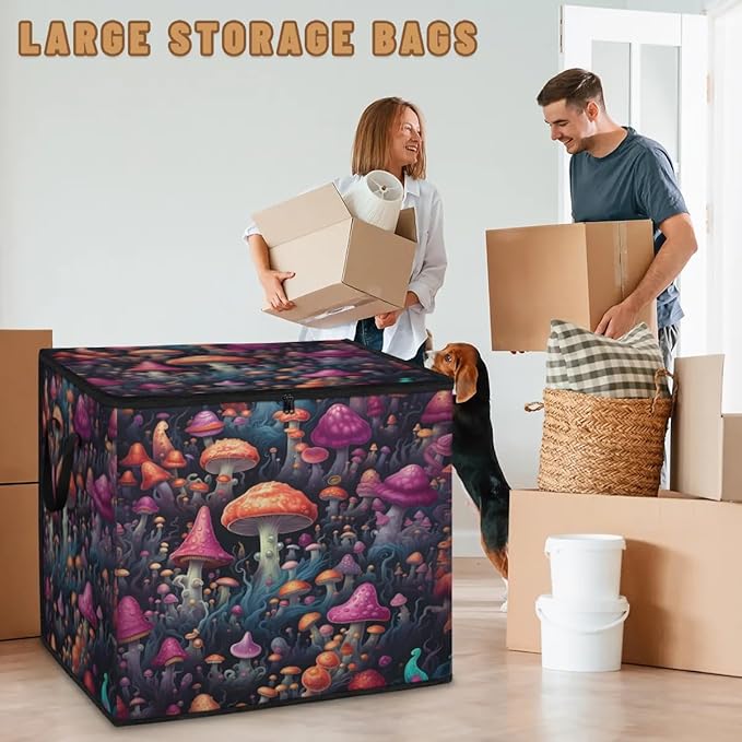 Large Mushrooms Storage Bags with Lid XL Blanket Clothes Storage Bins Foldable Organizers Storage Containers with Handle for Comforters Bed Sheets Pillows Different Mushrooms