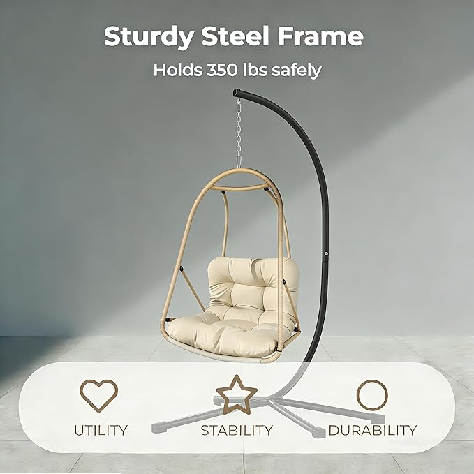JESE Swing Egg Chair with Stand – UV Resistant Waterproof Cushion &amp Cup Holder Included Indoor/Outdoor Hanging Hammock Chair for Patio Bedroom Balcony Garden (Khaki)