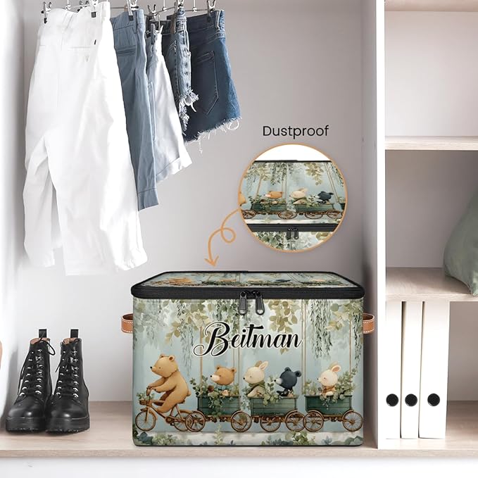 Storage-Bins with Lids Handle Customized Stackable-Storage-Bin for Kids-Boys-Girls-Toys Cube Collapsibl Basket Animals Bear