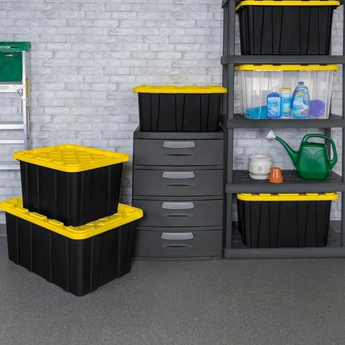 Sterilite 8-Pack 27 Gallon Industrial Storage Tote Heavy-Duty Plastic Bins Black/Yellow - Stackable Utility Organizers with Lids for Garage Camping Tools and Outdoor Gear