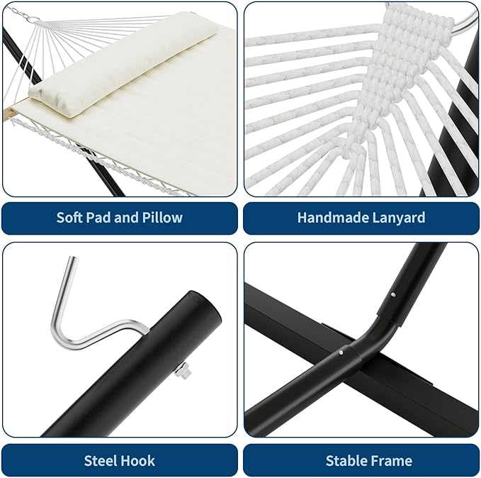 Double Hammock with Stand450lbs Capacity 2 Person Cotton Rope Portable Hammock with Polyester Quilted Pad and Pillowfor Garden YardCamping and Patio.Off White.