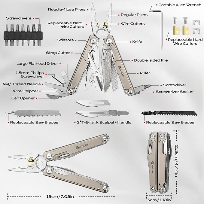 BIBURY Titanium Alloy Multitool with Damascus Knife EDC Multi tools with Replaceable Wire Cutters Scissors Screwdriver Bits Titanium Handle Multi-Tool for Camping Survival Repair - BI2049TI