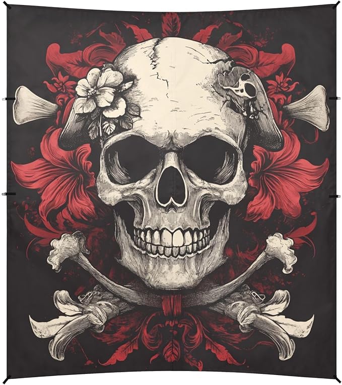 ALAZA Skull Pirates with Red Floral Ornament Beach Tent Sun Shelter Portable Canopy Sunshade for Outdoor Camping Picnics Backyard Fun 10x9 ft