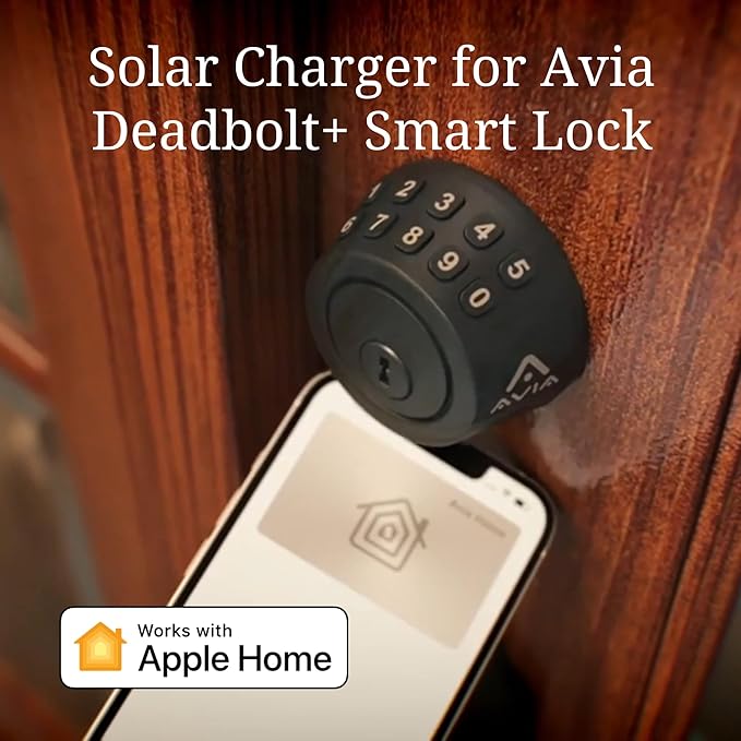 Avia Smart SolarPro. Solar Panel to Recharge The Avia Deadbolt+ Smart Lock. in Good Sunlight Helps Maintain Battery Life for Up to 5 Years*.