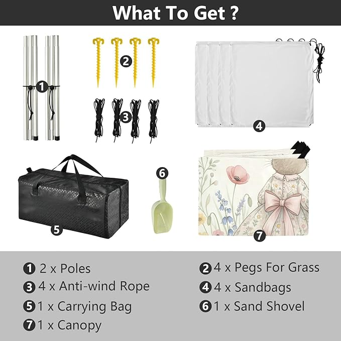 xigua Easter Bunny Beach Tent Sun Shelter with Carrying Bag - Silver Coated Oxford Fabric Beach Canopy for Beach Camping Fishing - Includes Windproof Ropes Sandbags &amp Stakes