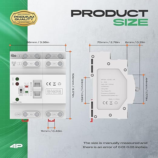 Mini Automatic Transfer Switch 4P 63A 110VATS Automatic/Manual DIN Rail Mount Dual Power Transfer Switch for Home Generator RVPublic/Backup Power Supply