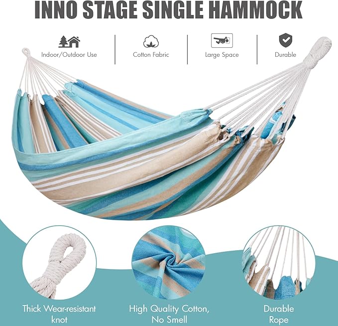 Brazilian Hammock with Tree Straps - Canvas Hammocks Portable Hammock with Carry Bag for Backyard Porch Outdoor and Indoor Use Blue &amp Green
