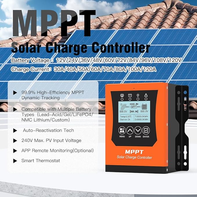 40 amp Lifepo4 Mppt Solar Charge Controller 12V/24V/48v/60V/96V/120VBattery Solar Charger Controller for AGM/Gel/Flooded and Lithium (PV Max Input240V40A)