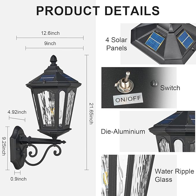 Solar LED Wall Light Outdoor with Remote Control 22'' Front Door Sconce Dusk to Dawn 3 Lighting Modes Solar Exterior Wall Lantern Outside Lights for Patio Doorway Porch Walkway Black