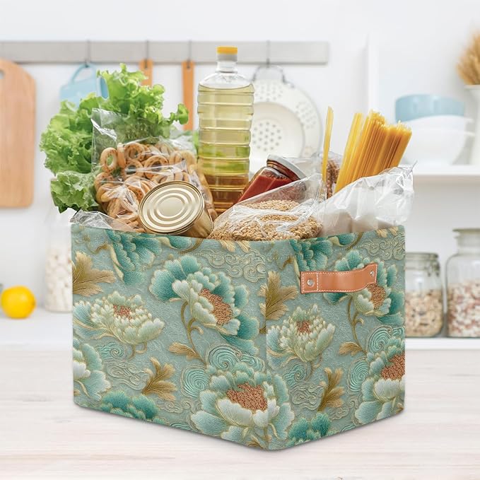 Pardick Teal Flower Floral Basket Storage Bins Large Fabric Toys Storage Cube Box with Handles Collapsible Closet Shelf Cloth Organizer Basket for Nursery Bedroom Bathroom Holiday Gift