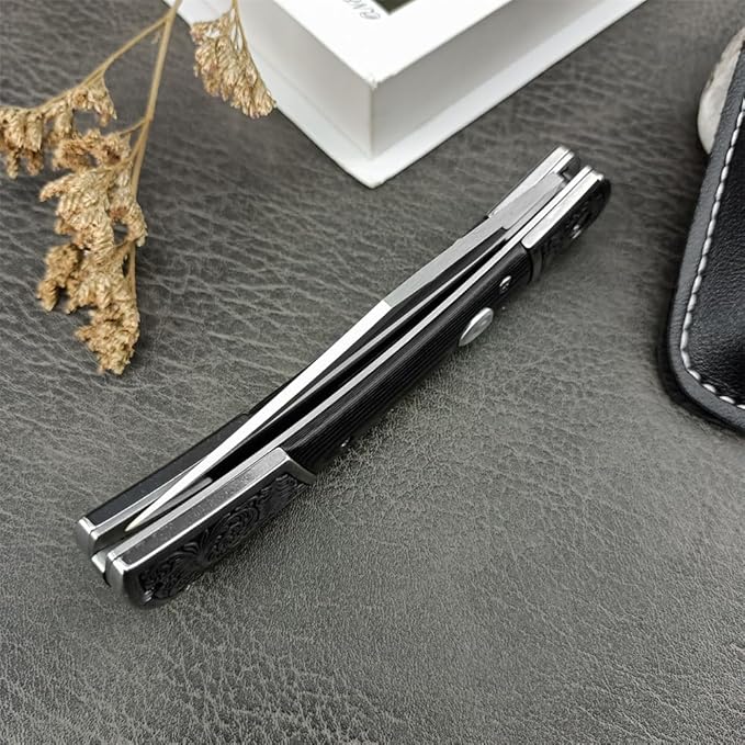 3.35'' High Hardness D2 Steel Blade Mikata Handle Outdoor Pocket Folding Knife Camping Rescue Self Defense Tactical Tool with Leather Sheath